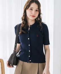 U.S. POLO ASSN. ユーエスポロアッスン W's ワンポイントロゴ刺繍ケーブル半袖カーディガン 無地/ボーダー
