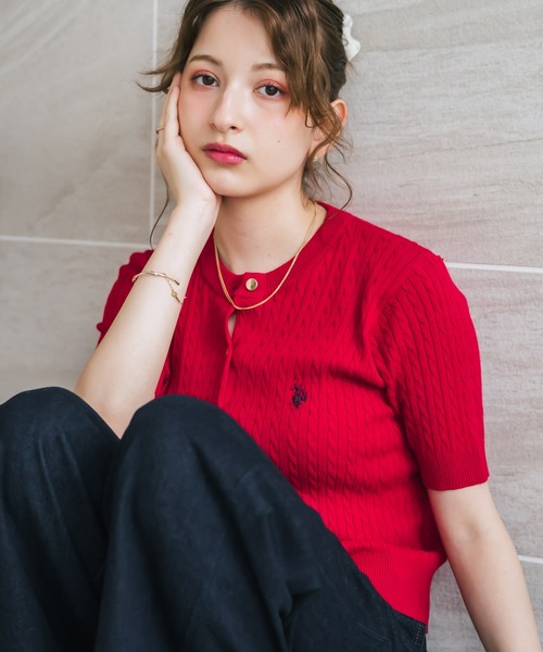 U.S. POLO ASSN.(ユーエスポロアッスン)の「U.S. POLO ASSN. ユーエスポロアッスン W's ワンポイントロゴ刺繍ケーブル半袖カーディガン 無地/ボーダー(カーディガン/ボレロ・レディース・オフホワイト/ブラック/ネイビー/レッド/ブラック×ホワイト・M/L)」の5枚目の写真