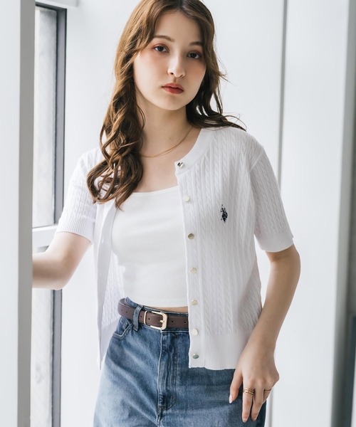 U.S. POLO ASSN.(ユーエスポロアッスン)の「U.S. POLO ASSN. ユーエスポロアッスン W's ワンポイントロゴ刺繍ケーブル半袖カーディガン 無地/ボーダー(カーディガン/ボレロ・レディース・オフホワイト/ブラック/ネイビー/レッド/ブラック×ホワイト・M/L)」の2枚目の写真