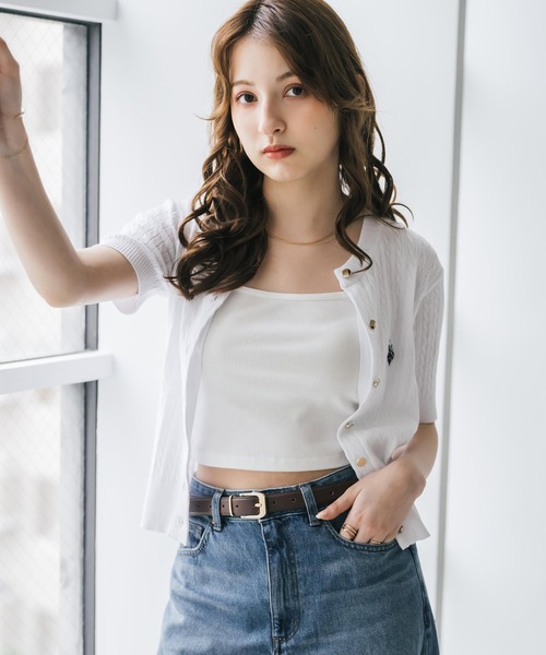 U.S. POLO ASSN.(ユーエスポロアッスン)の「U.S. POLO ASSN. ユーエスポロアッスン W's ワンポイントロゴ刺繍ケーブル半袖カーディガン 無地/ボーダー(カーディガン/ボレロ・レディース・オフホワイト/ブラック/ネイビー/レッド/ブラック×ホワイト・M/L)」の6枚目の写真