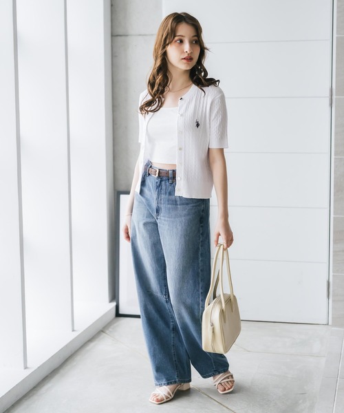 U.S. POLO ASSN.(ユーエスポロアッスン)の「U.S. POLO ASSN. ユーエスポロアッスン W's ワンポイントロゴ刺繍ケーブル半袖カーディガン 無地/ボーダー(カーディガン/ボレロ・レディース・オフホワイト/ブラック/ネイビー/レッド/ブラック×ホワイト・M/L)」の8枚目の写真