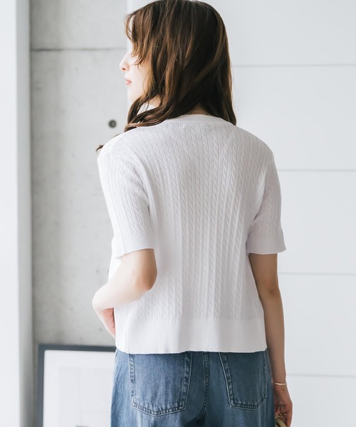 U.S. POLO ASSN.(ユーエスポロアッスン)の「U.S. POLO ASSN. ユーエスポロアッスン W's ワンポイントロゴ刺繍ケーブル半袖カーディガン 無地/ボーダー(カーディガン/ボレロ・レディース・オフホワイト/ブラック/ネイビー/レッド/ブラック×ホワイト・M/L)」の9枚目の写真