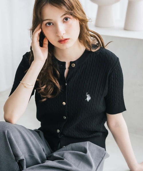 U.S. POLO ASSN.(ユーエスポロアッスン)の「U.S. POLO ASSN. ユーエスポロアッスン W's ワンポイントロゴ刺繍ケーブル半袖カーディガン 無地/ボーダー(カーディガン/ボレロ・レディース・オフホワイト/ブラック/ネイビー/レッド/ブラック×ホワイト・M/L)」の11枚目の写真