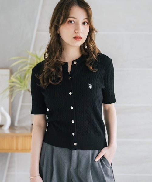 U.S. POLO ASSN.(ユーエスポロアッスン)の「U.S. POLO ASSN. ユーエスポロアッスン W's ワンポイントロゴ刺繍ケーブル半袖カーディガン 無地/ボーダー(カーディガン/ボレロ・レディース・オフホワイト/ブラック/ネイビー/レッド/ブラック×ホワイト・M/L)」の12枚目の写真