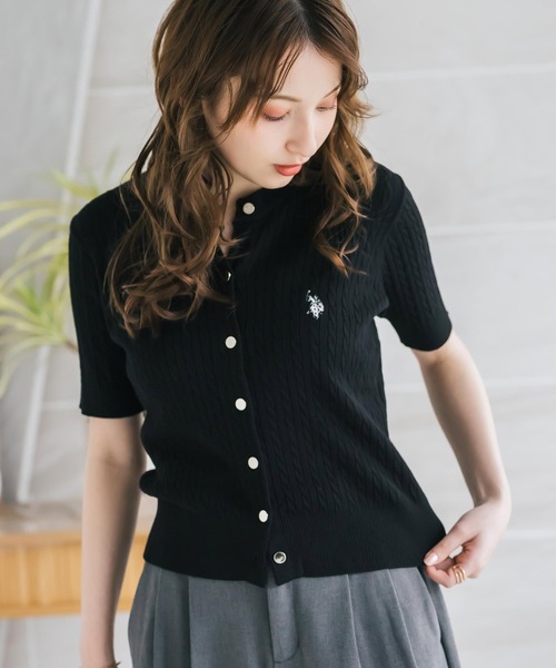 U.S. POLO ASSN.(ユーエスポロアッスン)の「U.S. POLO ASSN. ユーエスポロアッスン W's ワンポイントロゴ刺繍ケーブル半袖カーディガン 無地/ボーダー(カーディガン/ボレロ・レディース・オフホワイト/ブラック/ネイビー/レッド/ブラック×ホワイト・M/L)」の13枚目の写真