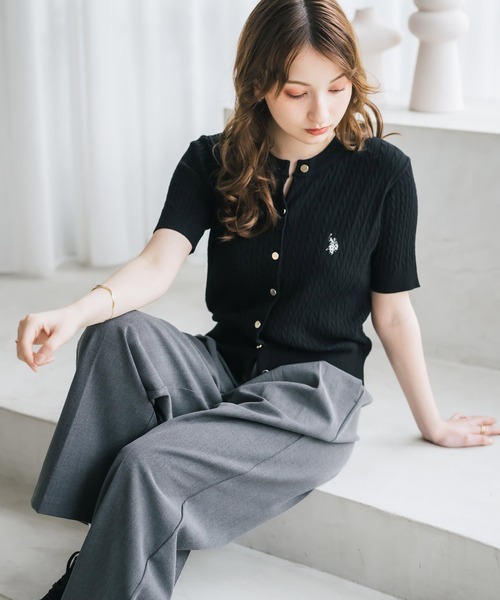 U.S. POLO ASSN.(ユーエスポロアッスン)の「U.S. POLO ASSN. ユーエスポロアッスン W's ワンポイントロゴ刺繍ケーブル半袖カーディガン 無地/ボーダー(カーディガン/ボレロ・レディース・オフホワイト/ブラック/ネイビー/レッド/ブラック×ホワイト・M/L)」の16枚目の写真