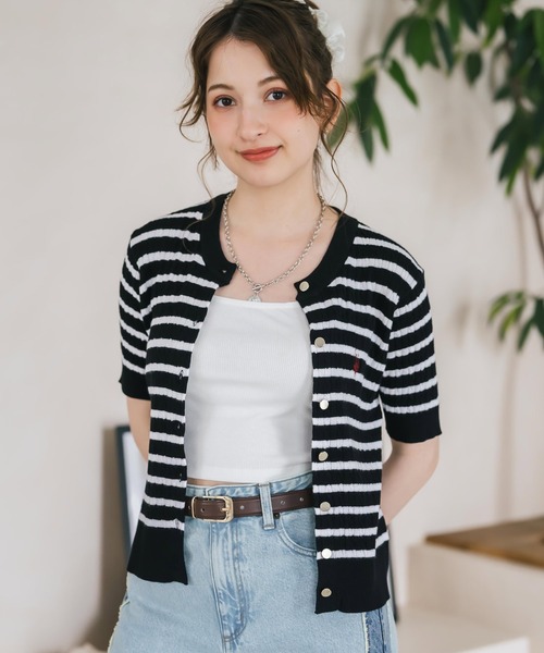 U.S. POLO ASSN.(ユーエスポロアッスン)の「U.S. POLO ASSN. ユーエスポロアッスン W's ワンポイントロゴ刺繍ケーブル半袖カーディガン 無地/ボーダー(カーディガン/ボレロ・レディース・オフホワイト/ブラック/ネイビー/レッド/ブラック×ホワイト・M/L)」の17枚目の写真