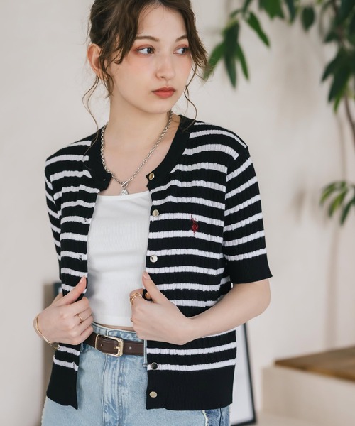 U.S. POLO ASSN.(ユーエスポロアッスン)の「U.S. POLO ASSN. ユーエスポロアッスン W's ワンポイントロゴ刺繍ケーブル半袖カーディガン 無地/ボーダー(カーディガン/ボレロ・レディース・オフホワイト/ブラック/ネイビー/レッド/ブラック×ホワイト・M/L)」の18枚目の写真