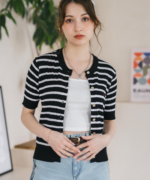 U.S. POLO ASSN.(ユーエスポロアッスン)の「U.S. POLO ASSN. ユーエスポロアッスン W's ワンポイントロゴ刺繍ケーブル半袖カーディガン 無地/ボーダー(カーディガン/ボレロ・レディース・オフホワイト/ブラック/ネイビー/レッド/ブラック×ホワイト・M/L)」の21枚目の写真