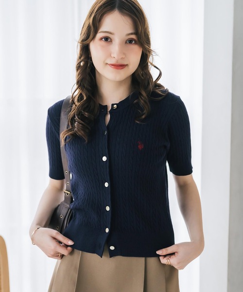 U.S. POLO ASSN.(ユーエスポロアッスン)の「U.S. POLO ASSN. ユーエスポロアッスン W's ワンポイントロゴ刺繍ケーブル半袖カーディガン 無地/ボーダー(カーディガン/ボレロ・レディース・オフホワイト/ブラック/ネイビー/レッド/ブラック×ホワイト・M/L)」の22枚目の写真