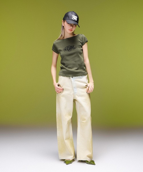 X-girl(エックスガール)の「EMBLEM POCKET ASYMMETRIC WAIST DENIM PANTS(デニムパンツ・レディース・ホワイト/インディゴブルー・S/M)」の6枚目の写真
