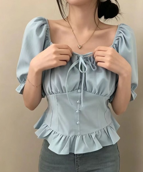 FAVORITO(ファヴォリート)の「パフスリーブリボントップス(シャツ/ブラウス・レディース・ホワイト/ブルー/ブラック・F)」の6枚目の写真