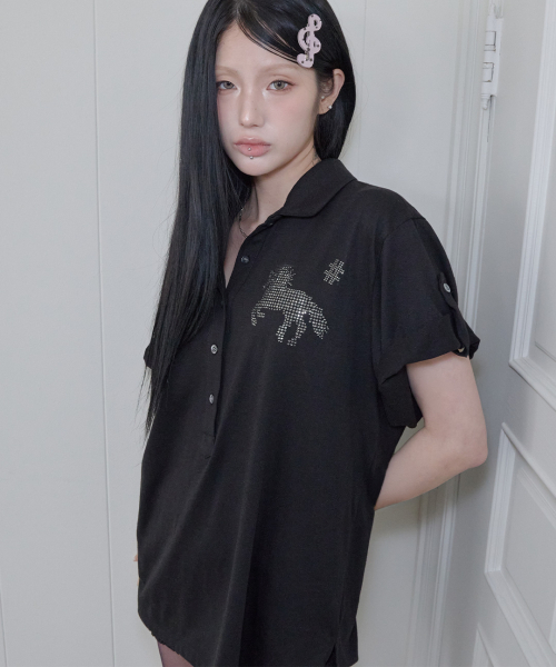 41PRAY(サイルプレイ)の「Horse Summer Polo Shirt / Black(Tシャツ/カットソー・レディース・ブラック・OS)」の7枚目の写真