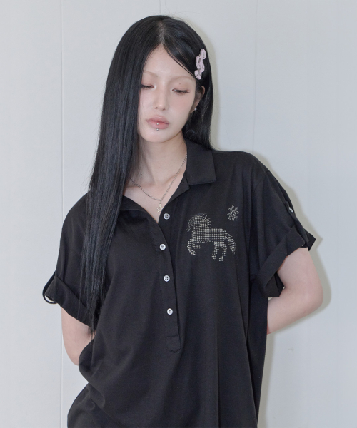 41PRAY(サイルプレイ)の「Horse Summer Polo Shirt / Black(Tシャツ/カットソー・レディース・ブラック・OS)」の3枚目の写真