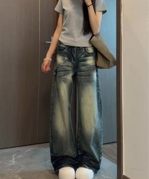 ヴィンテージウォッシュワイドデニムパンツ ルーズシルエット ストリート