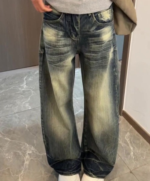 LUCPY(ラクピー)の「ヴィンテージウォッシュワイドデニムパンツ ルーズシルエット ストリート(デニムパンツ・レディース・ブルー・X-LARGE/LARGE/MEDIUM/SMALL)」の2枚目の写真
