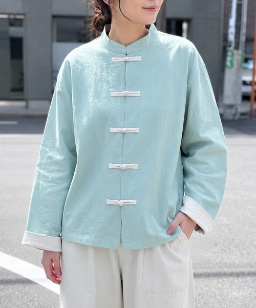 yield(イールド)の「【yield select】KUNG-FU SHIRT カンフーシャツ チャイナシャツ キレイめ 無地 長袖(シャツ/ブラウス・メンズ・ミント/ブラック・L/M/XXL)」の2枚目の写真