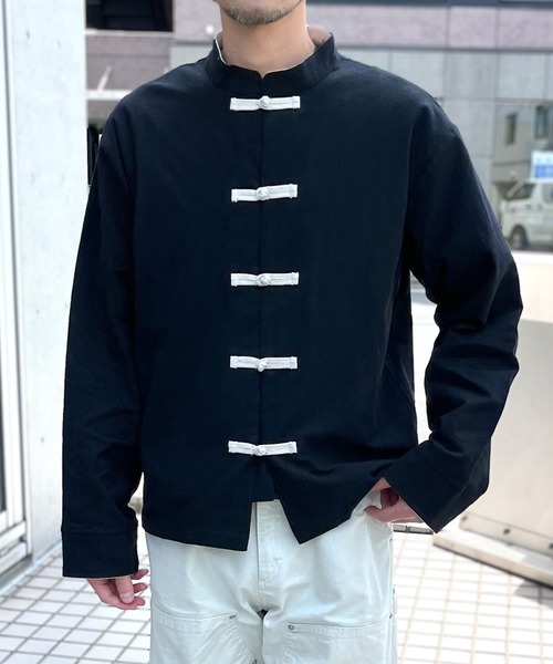 yield(イールド)の「【yield select】KUNG-FU SHIRT カンフーシャツ チャイナシャツ キレイめ 無地 長袖(シャツ/ブラウス・メンズ・ミント/ブラック・L/M/XXL)」の1枚目の写真