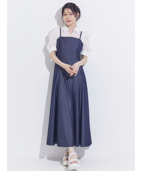 MERCURYDUO（マーキュリーデュオ）の「ビスチェドッキングパワショルワンピース（ワンピース・レディース・ベージュ/インディゴブルー・MEDIUM/SMALL）」の10枚目の写真