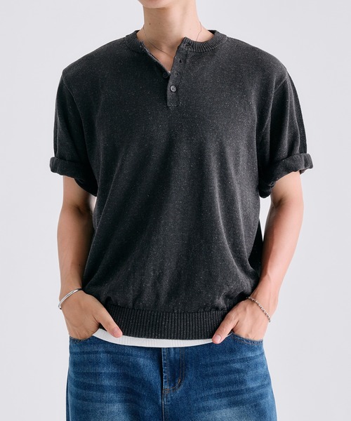 Adoon plain(アドーンプレーン)の「MELANGE HENRY NECK SUMMER KNIT / メランジヘンリーネックサマーニットT(Tシャツ/カットソー・メンズ・チャコールグレー/ライトブルー/アイボリー・LARGE/MEDIUM)」の2枚目の写真