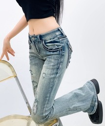 【CANVAS+】ローライズステッチ刺しゅうクラッシュデニムパンツ
