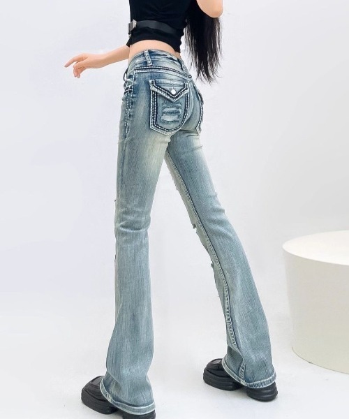 CANVAS+(キャンバスプラス)の「【CANVAS+】ローライズステッチ刺しゅうクラッシュデニムパンツ(デニムパンツ・レディース・ブルー・S/M/L)」の2枚目の写真