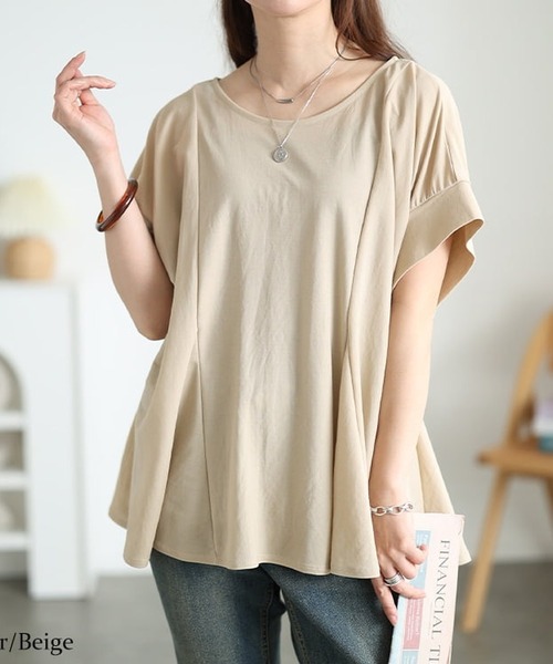 GOLDJAPAN(ゴールドジャパン)の「パネル切り替えドルマンプルオーバー【大きいサイズ対応】(Tシャツ/カットソー・レディース・ベージュ/ブラック・5L/LL/3L/4L)」の1枚目の写真