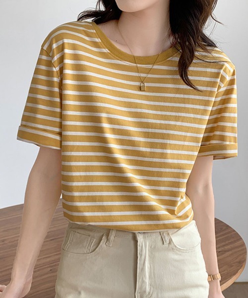 Flugge(フラッジー)の「クルーネックボーダーTシャツ(Tシャツ/カットソー・レディース・グリーン/イエロー/ブルー/ブラック/レッド・FREE)」の4枚目の写真