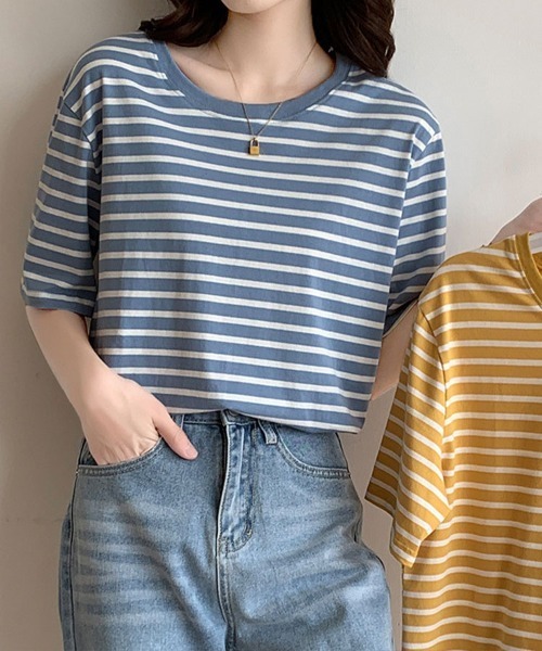 Flugge(フラッジー)の「クルーネックボーダーTシャツ(Tシャツ/カットソー・レディース・グリーン/イエロー/ブルー/ブラック/レッド・FREE)」の3枚目の写真