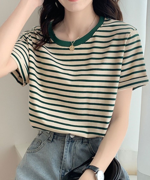 Flugge(フラッジー)の「クルーネックボーダーTシャツ(Tシャツ/カットソー・レディース・グリーン/イエロー/ブルー/ブラック/レッド・FREE)」の2枚目の写真