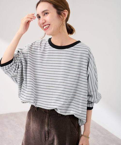FRAMeWORK(フレームワーク)の「STAR&STRIPE 別注ドルマンスリーブマルチボーダーT(Tシャツ/カットソー・レディース・スミクロ/サックスブルー/ブラウン・FREE)」の3枚目の写真