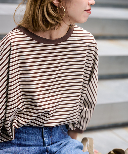 FRAMeWORK(フレームワーク)の「STAR&STRIPE 別注ドルマンスリーブマルチボーダーT(Tシャツ/カットソー・レディース・スミクロ/サックスブルー/ブラウン・FREE)」の22枚目の写真