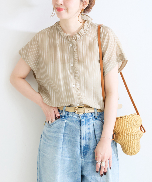 Simplicite(サンプリシテ)の「【WEB限定】手洗い可 / フレンチスリーブフリルブラウス(シャツ/ブラウス・レディース・ベージュ系その他/サックスブルー/チャコールグレー・FREE)」の2枚目の写真