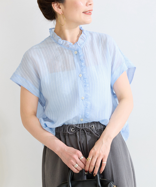 Simplicite(サンプリシテ)の「【WEB限定】手洗い可 / フレンチスリーブフリルブラウス(シャツ/ブラウス・レディース・ベージュ系その他/サックスブルー/チャコールグレー・FREE)」の3枚目の写真