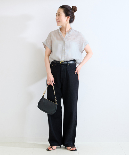 Simplicite(サンプリシテ)の「【WEB限定】手洗い可 / フレンチスリーブフリルブラウス(シャツ/ブラウス・レディース・ベージュ系その他/サックスブルー/チャコールグレー・FREE)」の4枚目の写真