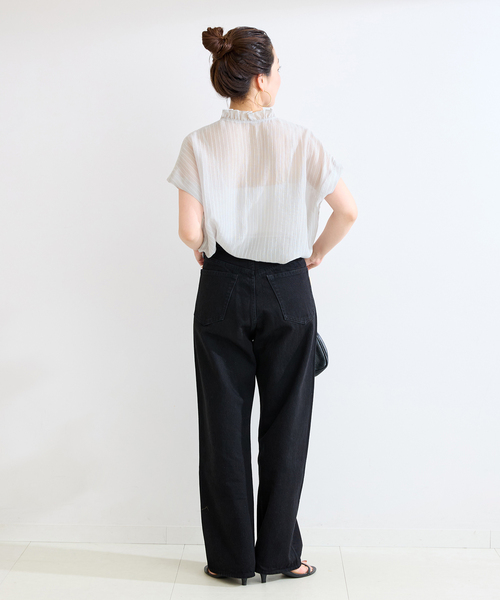 Simplicite(サンプリシテ)の「【WEB限定】手洗い可 / フレンチスリーブフリルブラウス(シャツ/ブラウス・レディース・ベージュ系その他/サックスブルー/チャコールグレー・FREE)」の6枚目の写真
