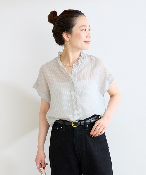 Simplicite(サンプリシテ)の「【WEB限定】手洗い可 / フレンチスリーブフリルブラウス(シャツ/ブラウス・レディース・ベージュ系その他/サックスブルー/チャコールグレー・FREE)」の7枚目の写真