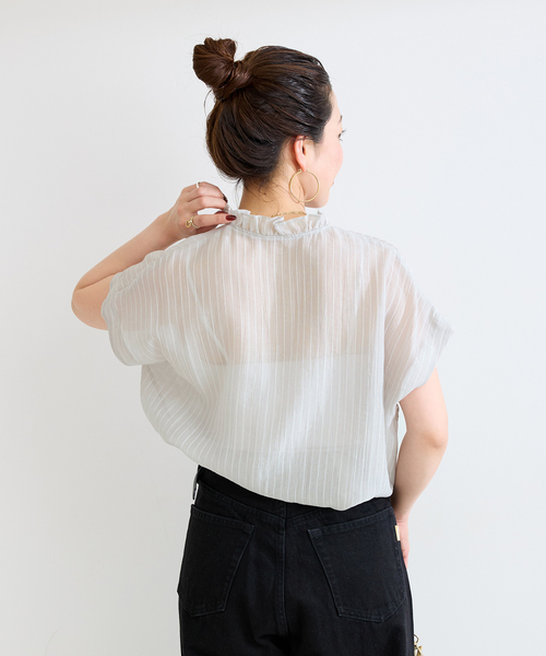 Simplicite(サンプリシテ)の「【WEB限定】手洗い可 / フレンチスリーブフリルブラウス(シャツ/ブラウス・レディース・ベージュ系その他/サックスブルー/チャコールグレー・FREE)」の10枚目の写真