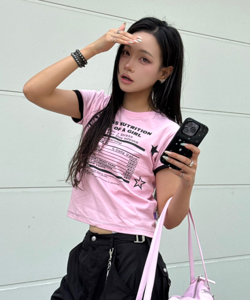 HOODHOOD(フッドフッド)の「ガールストレスニュートリション レイヤードロールアップ半袖Tシャツ ピンク(Tシャツ/カットソー・レディース・その他・0/1)」の1枚目の写真