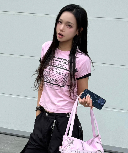 HOODHOOD(フッドフッド)の「ガールストレスニュートリション レイヤードロールアップ半袖Tシャツ ピンク(Tシャツ/カットソー・レディース・その他・0/1)」の2枚目の写真