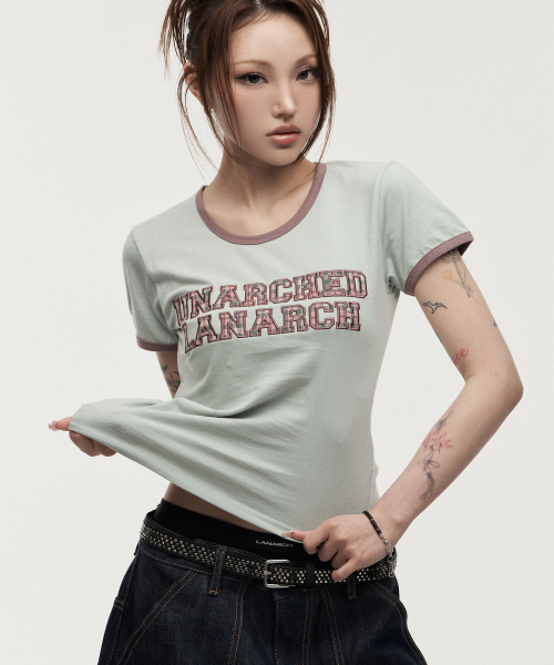 LANARCHIVE（ランアーカイブ）の「[0141] レタリングアップリケウーマンリンガーティーシャツ - ダスティミント（Tシャツ/カットソー・レディース・モスグリーン・FREE）」の3枚目の写真
