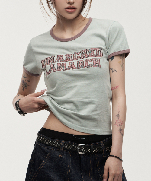 LANARCHIVE（ランアーカイブ）の「[0141] レタリングアップリケウーマンリンガーティーシャツ - ダスティミント（Tシャツ/カットソー・レディース・モスグリーン・FREE）」の4枚目の写真