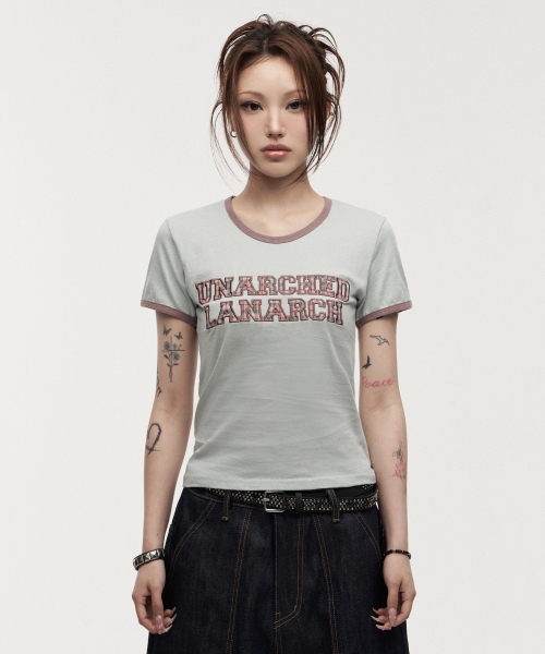 LANARCHIVE（ランアーカイブ）の「[0141] レタリングアップリケウーマンリンガーティーシャツ - ダスティミント（Tシャツ/カットソー・レディース・モスグリーン・FREE）」の6枚目の写真
