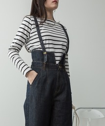 デニムハイウェストサスペンダーワイドパンツ