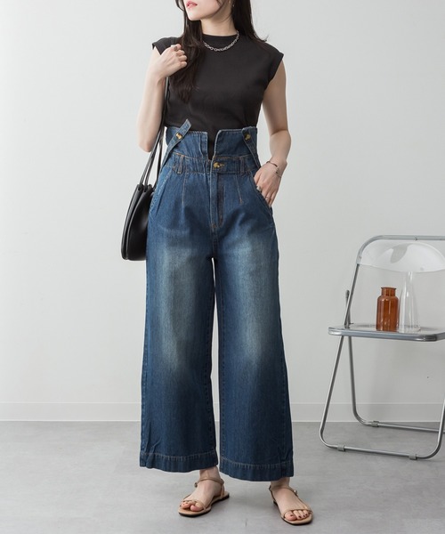 ElegChic（エレグシック）の「デニムハイウェストサスペンダーワイドパンツ（その他パンツ・レディース・ブラック/ネイビー/ネイビー系・XXL/M/XL/L/4L）」の3枚目の写真