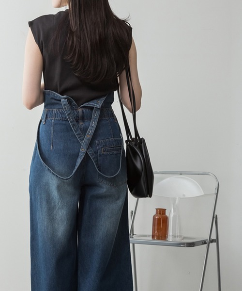 ElegChic（エレグシック）の「デニムハイウェストサスペンダーワイドパンツ（その他パンツ・レディース・ブラック/ネイビー/ネイビー系・XXL/M/XL/L/4L）」の9枚目の写真