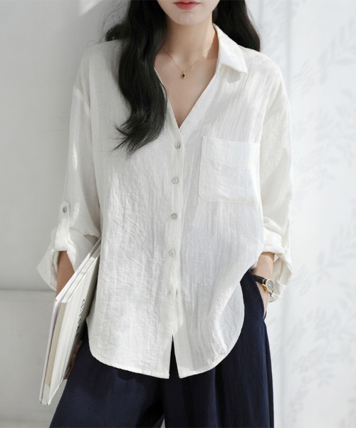 ONEP STAR（ワンピスター）の「スキッパーネック長袖シャツ（シャツ/ブラウス・レディース・ホワイト・MEDIUM/X-LARGE/LARGE）」の2枚目の写真