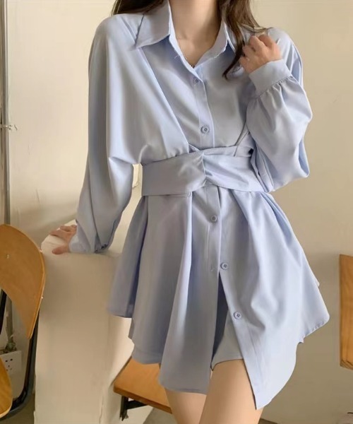Aelina（エリナ）の「長袖シャツ&ショートパンツセットアップ（セットアップ・レディース・ホワイト/グリーン/ブルー・FREE）」の19枚目の写真
