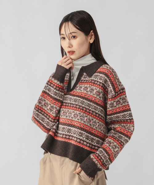 GLOBAL WORK(グローバルワーク)の「フェアアイル柄スキッパー/759306(ニット/セーター・レディース・オレンジ/ブルー・MEDIUM/LARGE)」の1枚目の写真