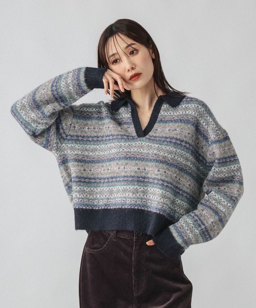 GLOBAL WORK(グローバルワーク)の「フェアアイル柄スキッパー/759306(ニット/セーター・レディース・オレンジ/ブルー・MEDIUM/LARGE)」の2枚目の写真